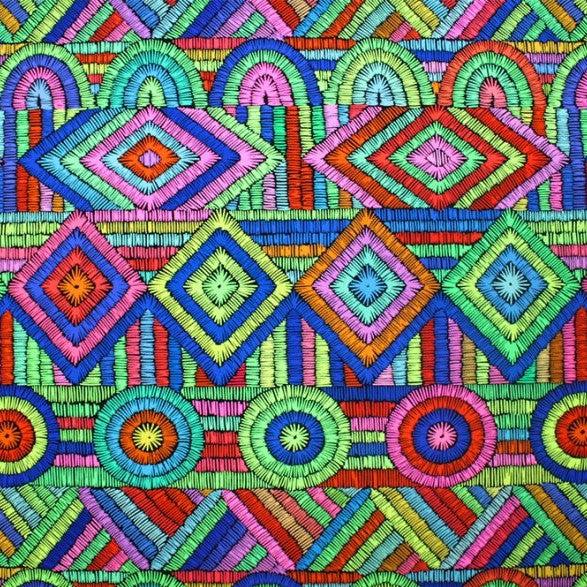 A flat sample of embroidered patter printed spandex.