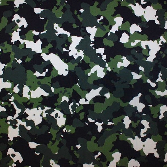 A flat sample of classic camo printed spandex.