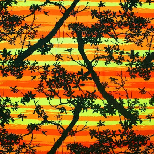 A flat sample of romantic sunset printed spandex.