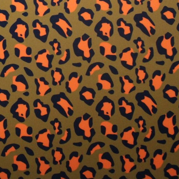 A flat sample of oh my leopard printed spandex.