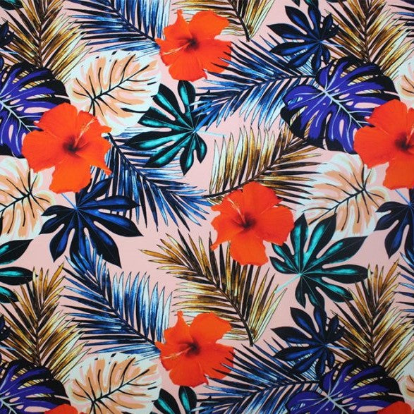 A flat sample of tropical vibes printed spandex.