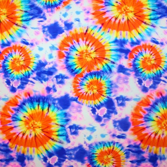 A flat sample of cotton candy skies printed spandex.
