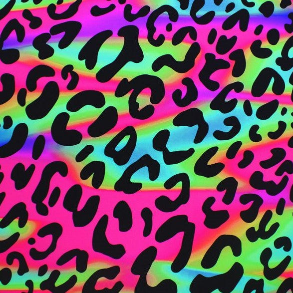 A flat sample of groovy leopard printed spandex.