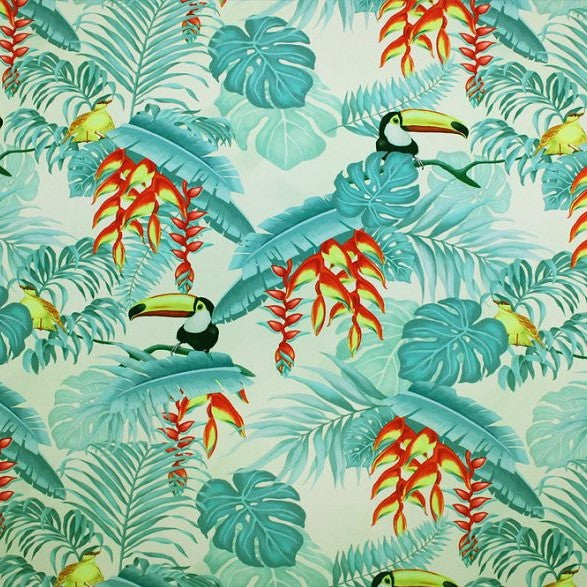 A flat sample of toucans in jungle printed spandex.