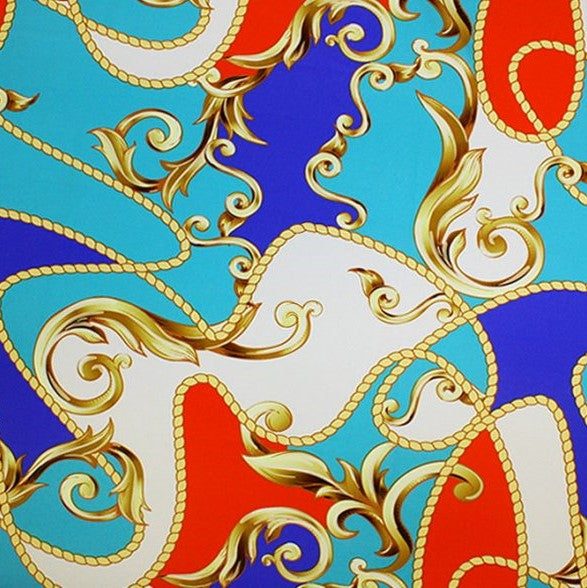 A flat sample of carousel printed spandex in the color blue/teal.