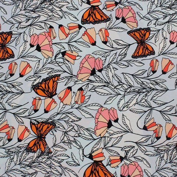 A flat sample of monarch garden printed spandex.