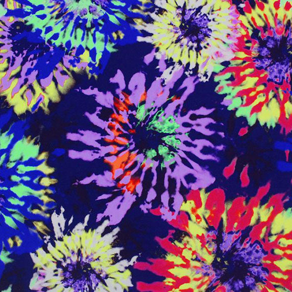 Flat sample of Trippy Hippie Printed Spandex. Multicolor, Tie-dye