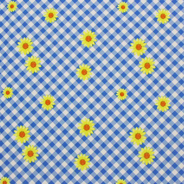 A flat sample of daisies on gingham printed spandex in the color blue and yellow.