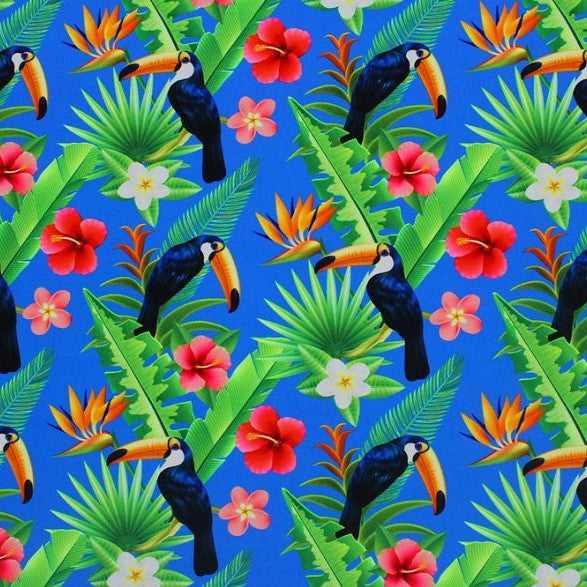 A flat sample of paradise toucans printed spandex.