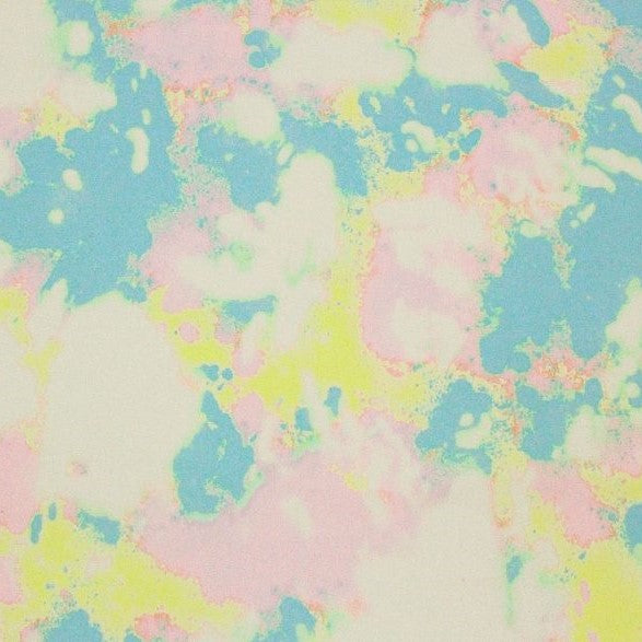 A falt sample of pastel skies printed spandex.