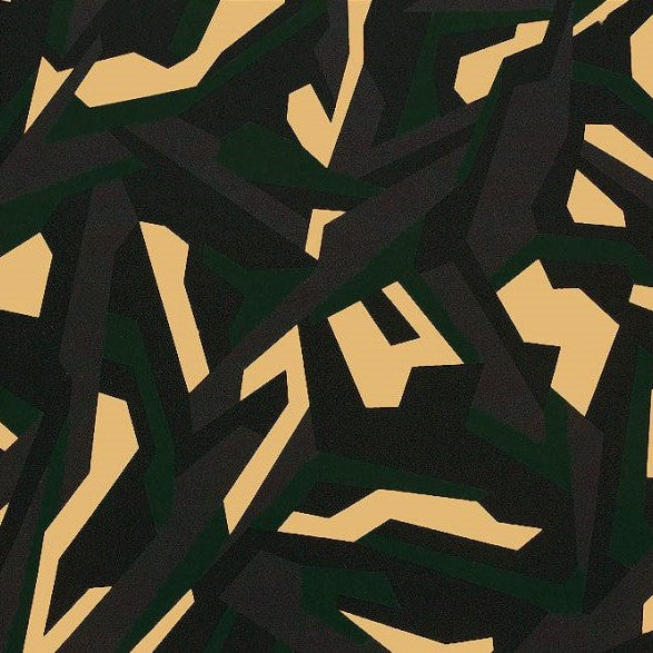 A flat sample of abstract camo printed spandex.