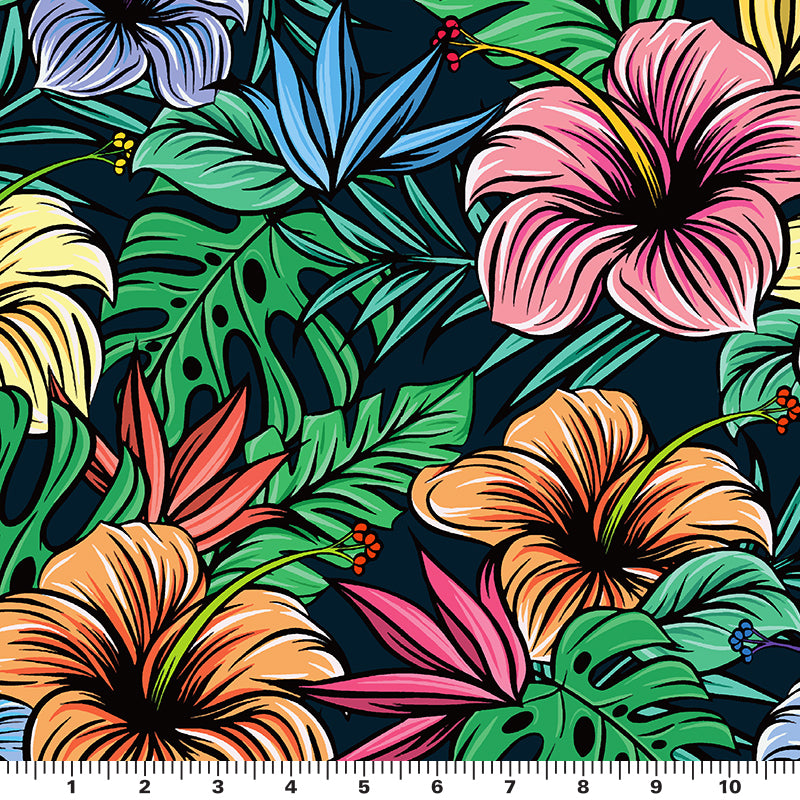 A flat sample of illustrated hibiscus and monstera printed spandex with a scale to measure the size of the design.