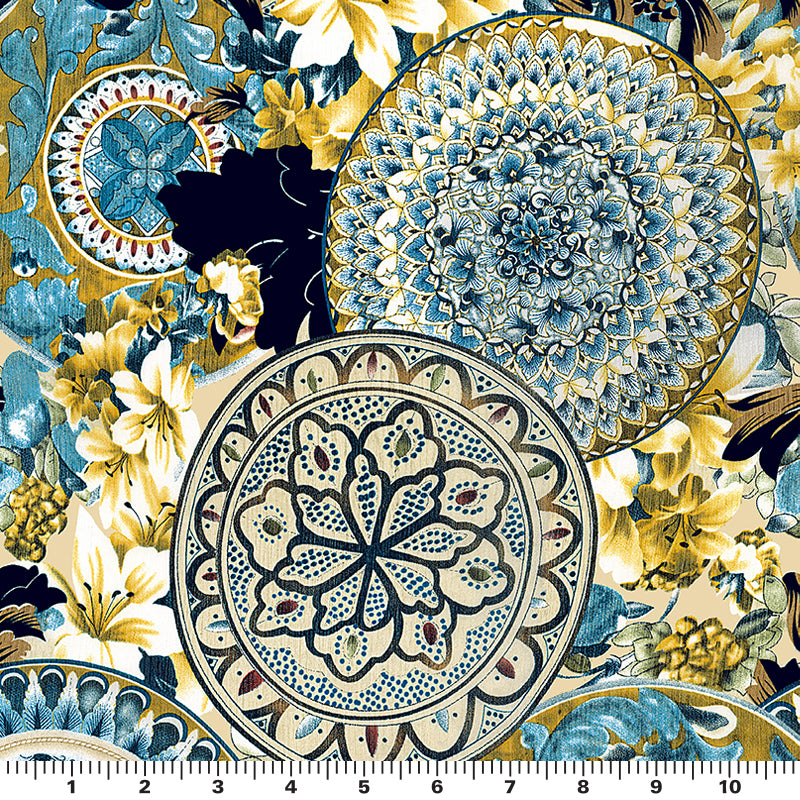 A flat sample of romantic mandalas and lilies printed spandex and a ruler for scale.