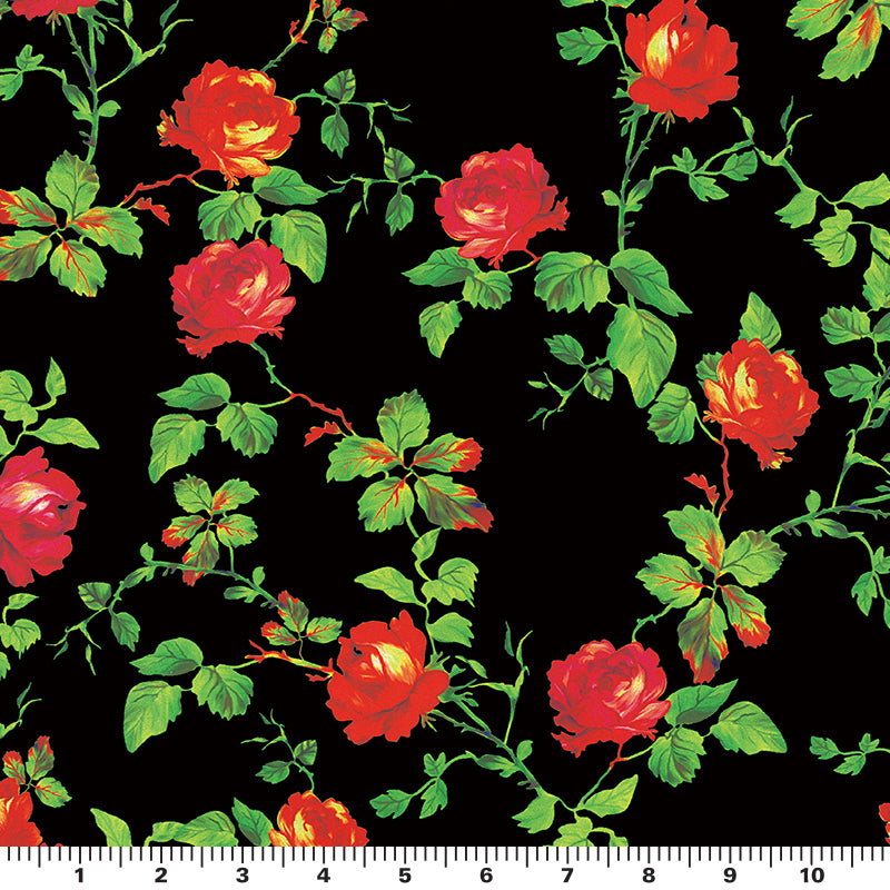 A flat sample of red rose vine on black printed spandex and a ruler for scale.