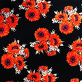 Flat sample of Sunflower Clusters Printed Spandex in color Black/Coral 