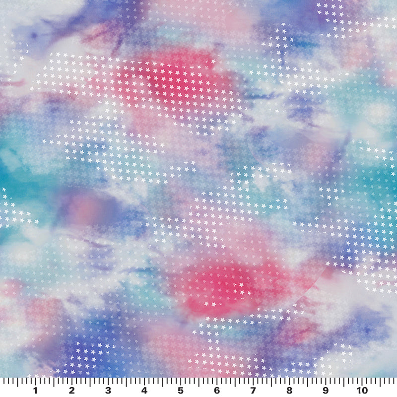 Scale image of pattern on Star Spangled Tie Dye Printed Spandex Fabric in Multi Color