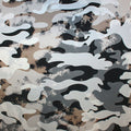 A flat sample of smokey camo printed spandex in the color black/gray.