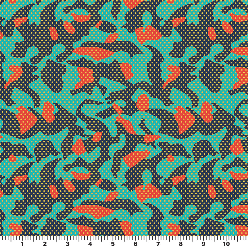 A sample of pop art camouflage printed spandex in the color teal orange and a ruler for scale.