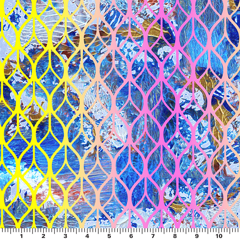 A flat sample of retro brushstroke texture printed spandex in the colors yellow-pink-blue and a ruler for scale.