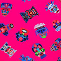 A flat sample of Decorative Tribal Masks Printed Spandex Fabric in Multi Color