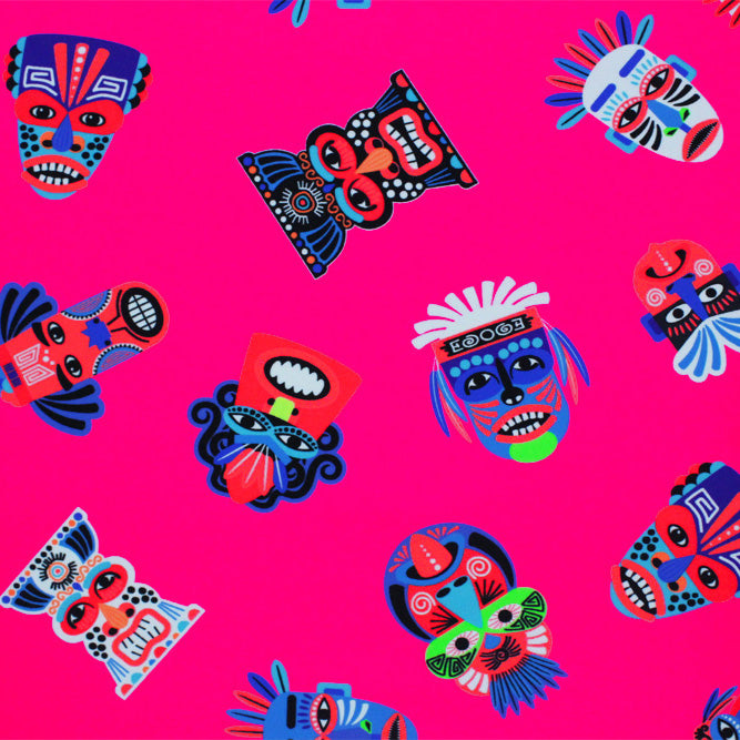 A flat sample of Decorative Tribal Masks Printed Spandex Fabric in Multi Color