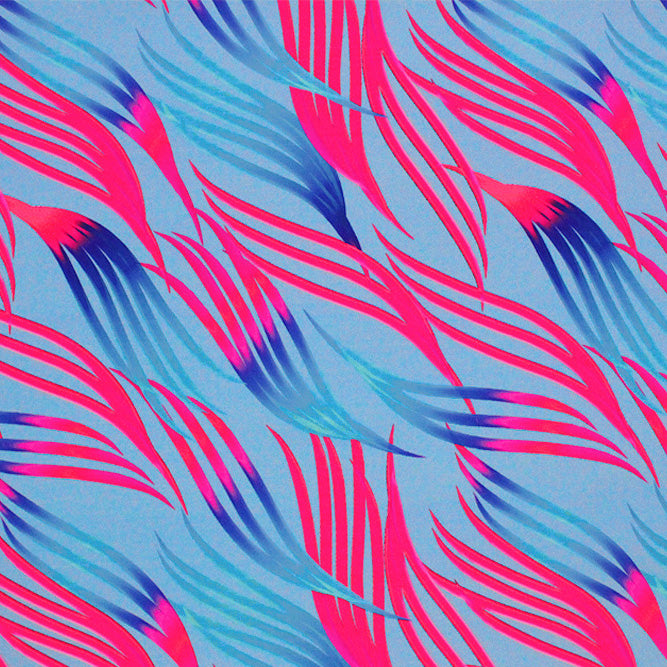A flat sample of Abstract Tossed Fronds Printed Spandex Fabric in the color blue