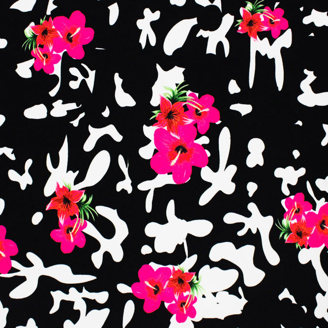 A flat sample of Hibiscus Flower Splatter Printed Spandex Fabric in Multi Color