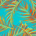 A flat sample of Palm Leaves Burnout Printed Spandex Fabric in Multi Color