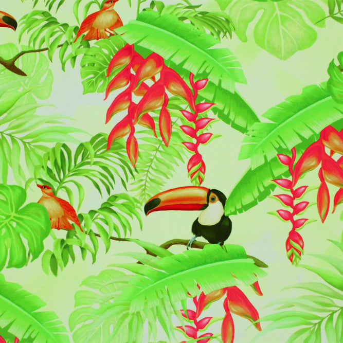 A flat sample of Toucans On Palm Leaves Printed Spandex Fabric in Multi Color