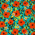 A flat sample of Leopard Hibiscus Printed Spandex Fabric in Multi Color