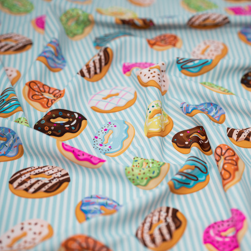 A crumpled piece of Donuts on Stripes Printed Spandex