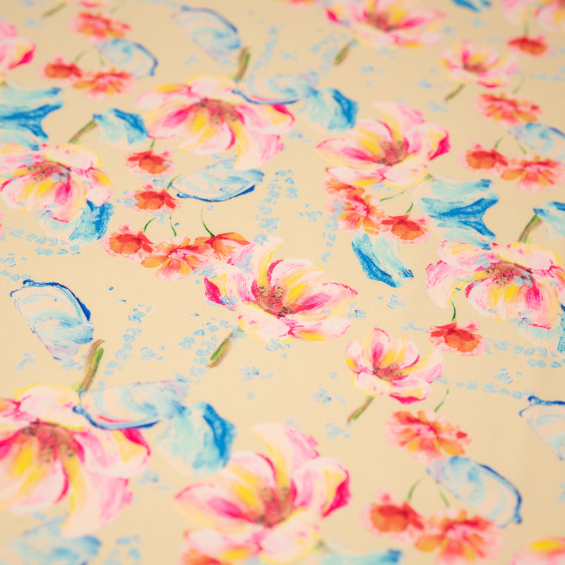A flat sample of Painterly Flowers Printed Spandex