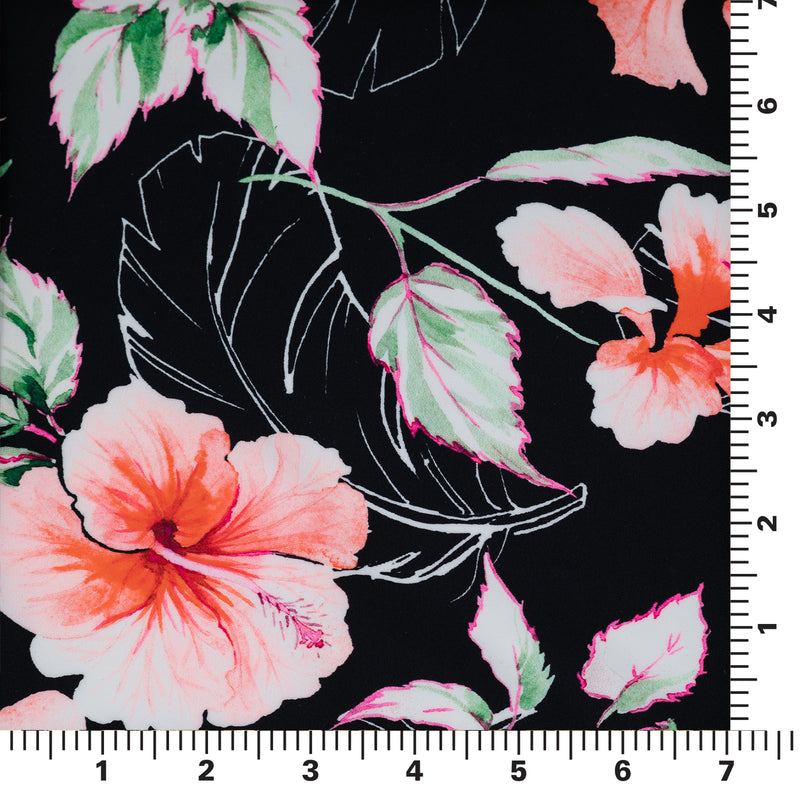 Detailed shot of Hibiscus Flowers on Black Printed Spandex.