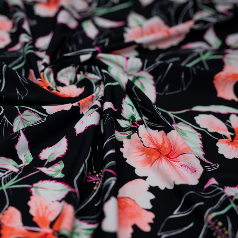 Detailed shot of Hibiscus Flowers on Black Printed Spandex.