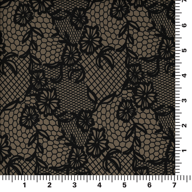 A measurement panel of Black Illusion Lace Pattern on Brown Printed Spandex