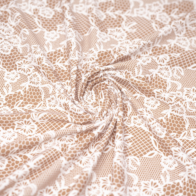 Swirled sample shot of White Illusion Lace Pattern on Fawn Printed Spandex