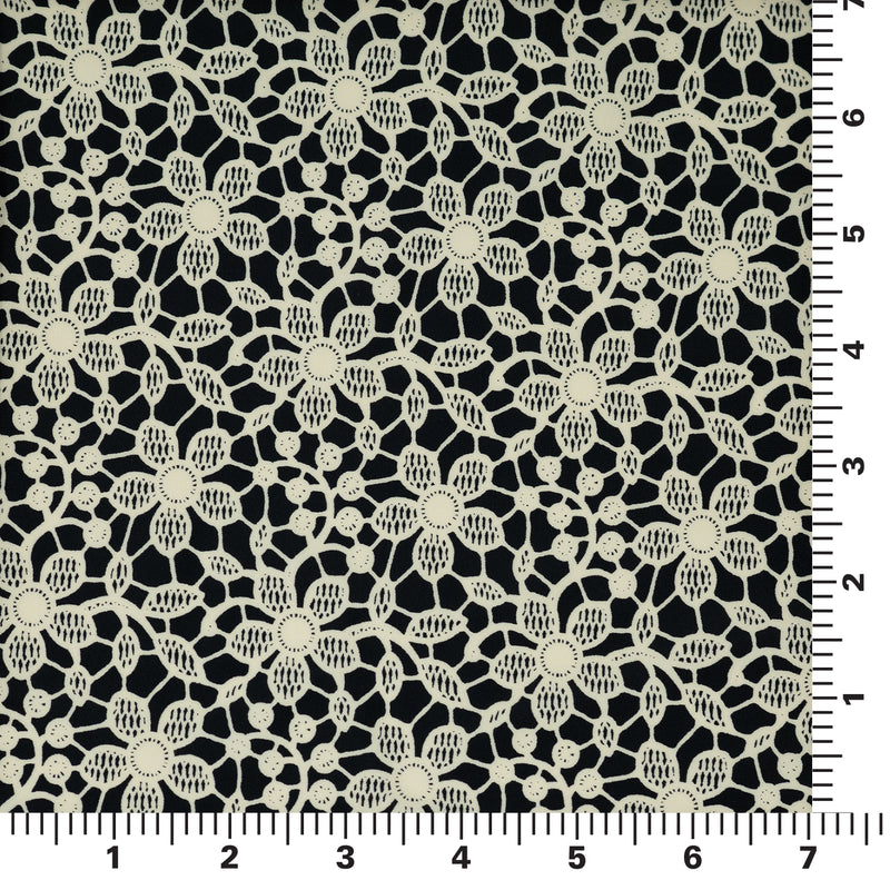 A measured panel 7" x7" piece of Ivory Flower Lace Pattern on Black Printed Spandex