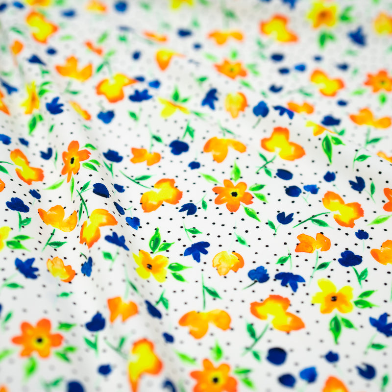 A sample of Watercolor Flowers and Black Dots Printed Spandex