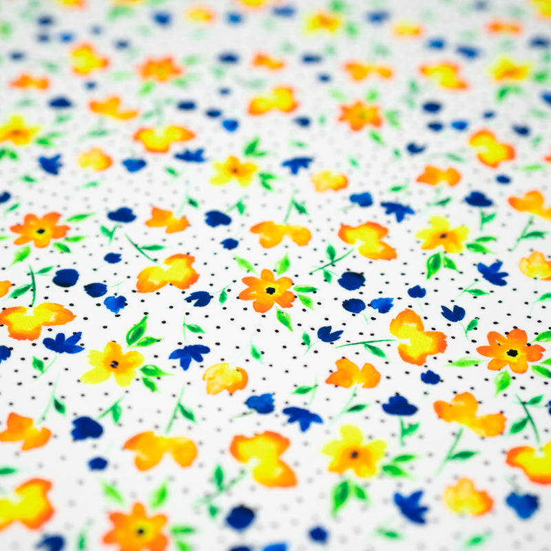 A flat sample of Watercolor Flowers and Black Dots Printed Spandex