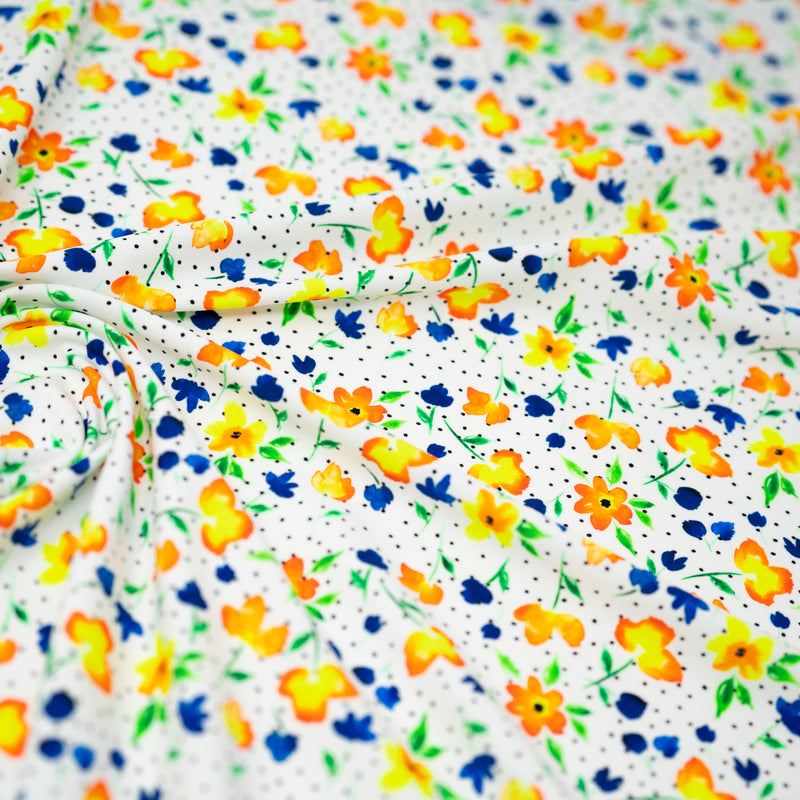 Swirled sample shot of Watercolor Flowers and Black Dots Printed Spandex