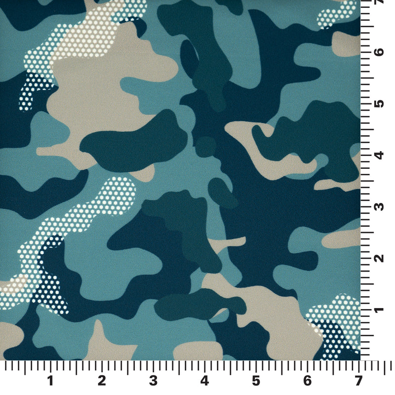 A measured panel 7" x7" piece of Fiji Camouflage Printed Spandex in the color navy-blue-white-brown