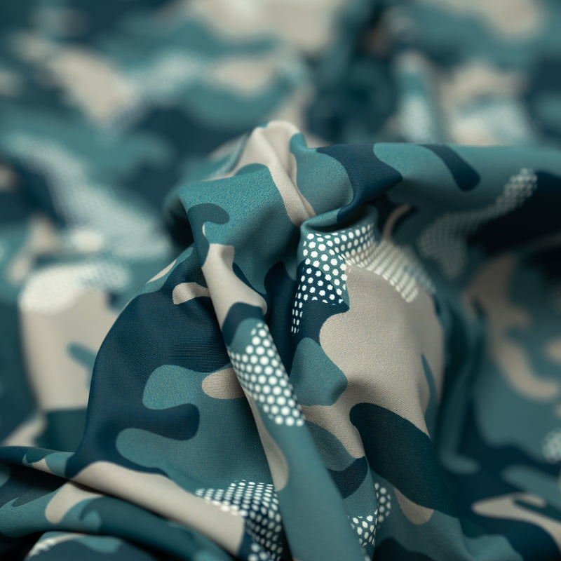 Detailed interior shot of Fiji Camouflage Printed Spandex in the color navy-blue-white-brown