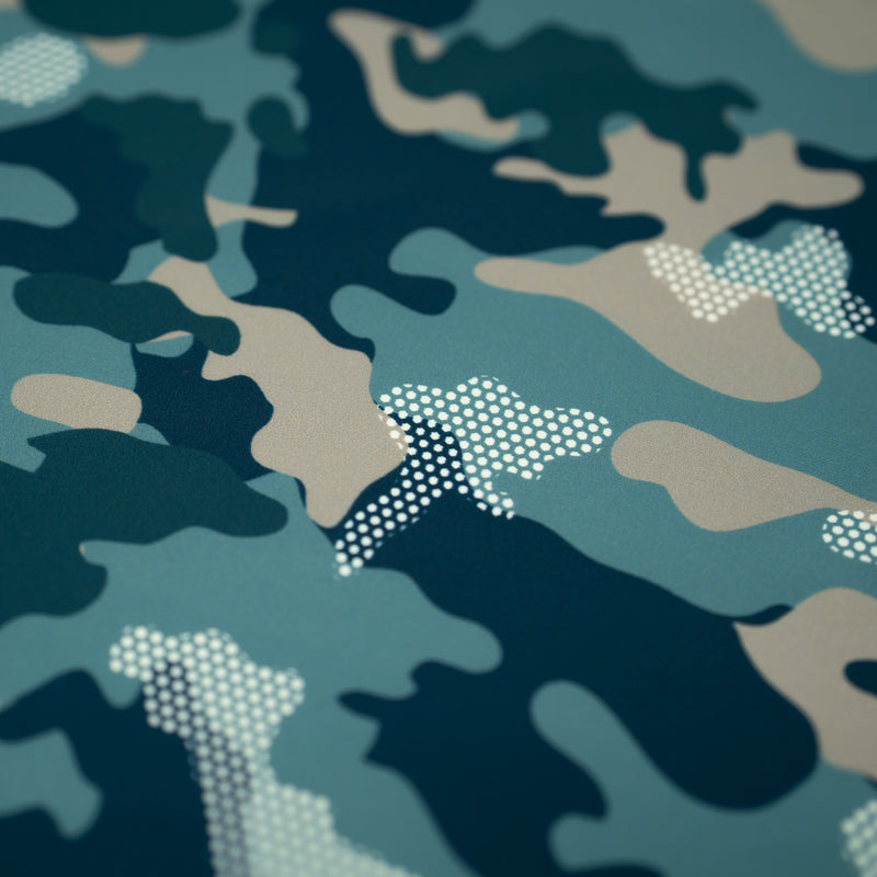 A flat sample of Fiji Camouflage Printed Spandex  in the color navy-blue-white-brown