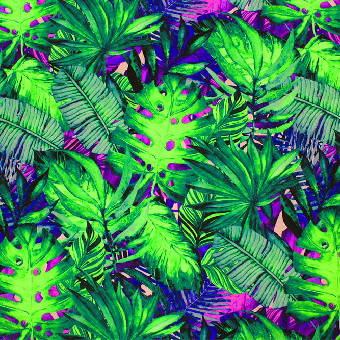 A flat sample of Mixed Palm Leaves Fluorescent Ground Printed Spandex Fabric