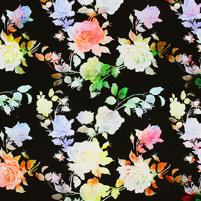 A flat sample of Watercolor Tie Dye Roses Printed Spandex Fabric