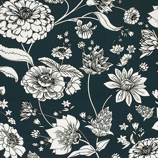 A flat sample of Unfinished Flowers on Blue Ground Printed Spandex Fabric