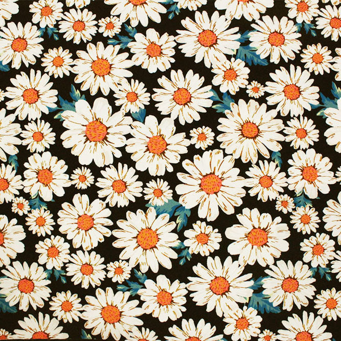 A flat sample of Vintage White Daisies Printed Spandex Fabric