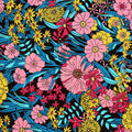 A flat sample of Ballistic Cartoon Flowers Printed Spandex Fabric in Multi Color