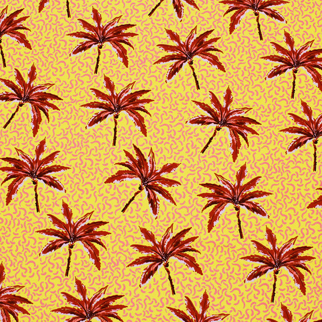 A flat sample of Palm Trees In The Sun Printed Spandex Fabric in Multi Color