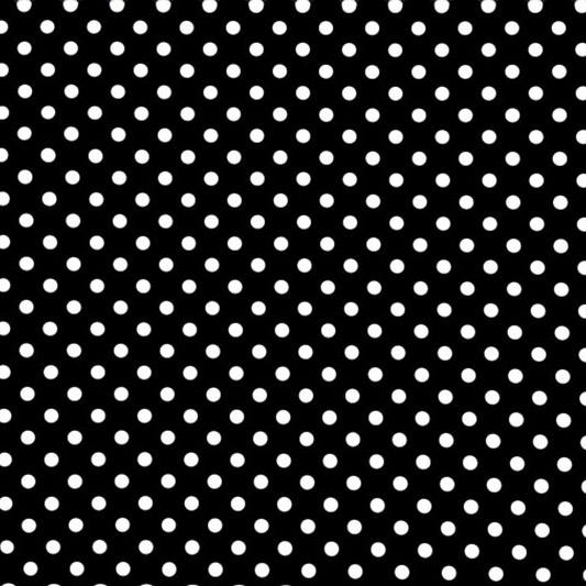 A flat sample of Polka Dots Printed Spandex with quarter inch white dots on a black background.
